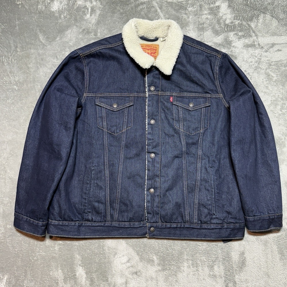 Levis Jean Jacket Large Size XXL Trucker Blue Sherpa Lined Denim